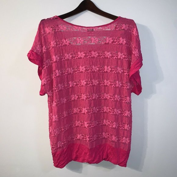 Deb Vous Couture Sheer Pink Floral Mesh Blouse 2XL Stretchy Short Sleeve - Picture 5 of 5